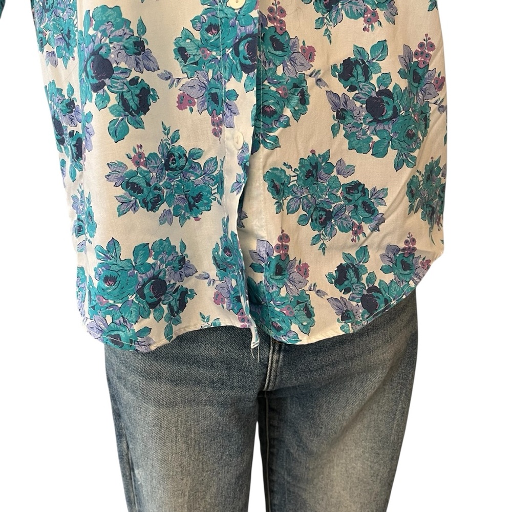 Vintage 90s floral print button down short sleeve shirt white blue M - Picture 10 of 16